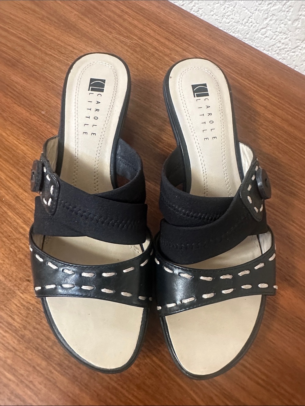 Carole Little Black Slip-On Sandals with Contrast Stitching